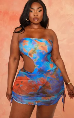 Plus Blue Tie Dye Printed Mesh Ruched Side Beach Skirt