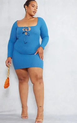 Plus Blue Tie Front Longsleeve Bodycon Dress
