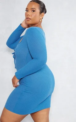 Plus Blue Tie Front Longsleeve Bodycon Dress