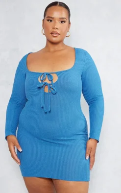 Plus Blue Tie Front Longsleeve Bodycon Dress
