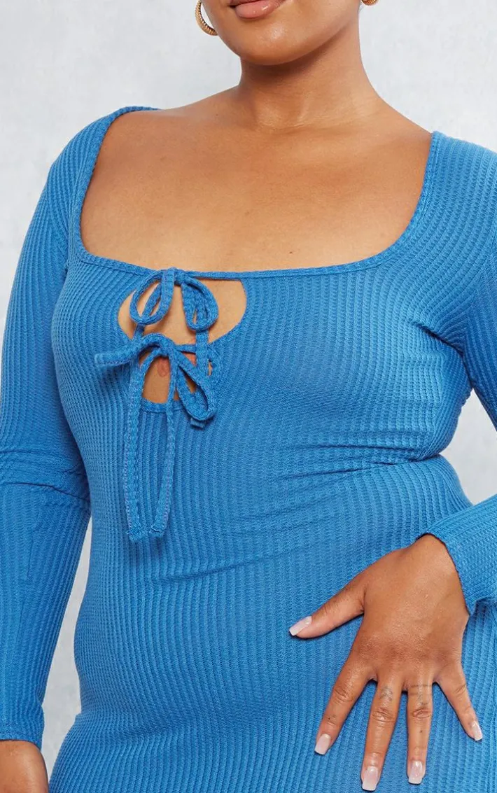 Plus Blue Tie Front Longsleeve Bodycon Dress