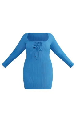 Plus Blue Tie Front Longsleeve Bodycon Dress
