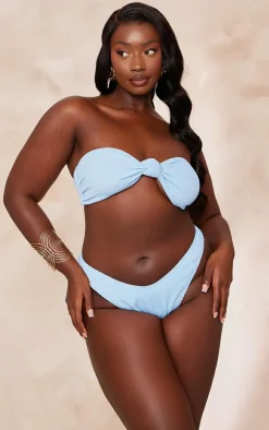 Plus Blue Tie Front Ribbed Bandeau Bikini Top