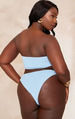 Plus Blue Tie Front Ribbed Bandeau Bikini Top