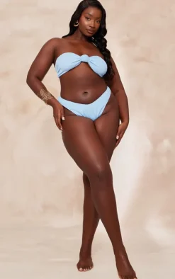 Plus Blue Tie Front Ribbed Bandeau Bikini Top
