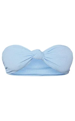 Plus Blue Tie Front Ribbed Bandeau Bikini Top