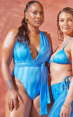 Plus Blue Tiger Print Plunge Wrap Waist Swimsuit