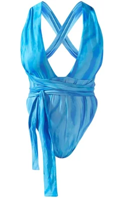 Plus Blue Tiger Print Plunge Wrap Waist Swimsuit