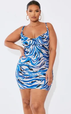 Plus Blue Tiger Printed Plisse Cowl Neck Bodycon Dress