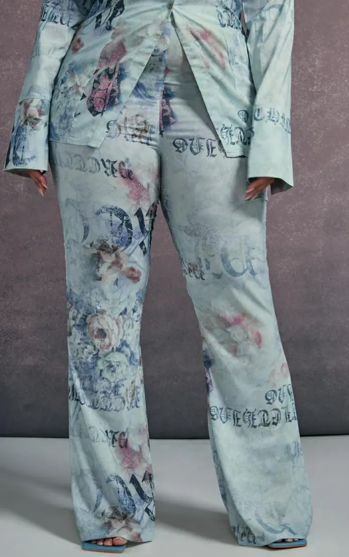 Plus Blue Vintage Floral Print Chiffon Flare Pants