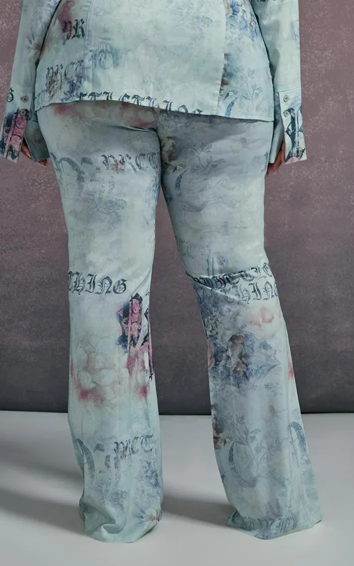 Plus Blue Vintage Floral Print Chiffon Flare Pants