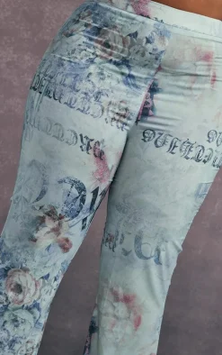 Plus Blue Vintage Floral Print Chiffon Flare Pants