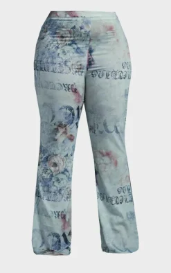 Plus Blue Vintage Floral Print Chiffon Flare Pants