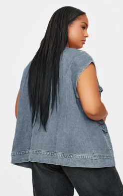 Plus Blue Zip Up Denim Cargo Vest