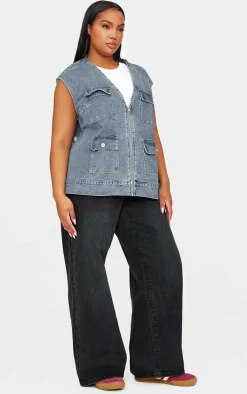 Plus Blue Zip Up Denim Cargo Vest
