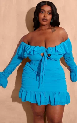Plus Bright Blue Bardot Ruffle Detail Shift Dress