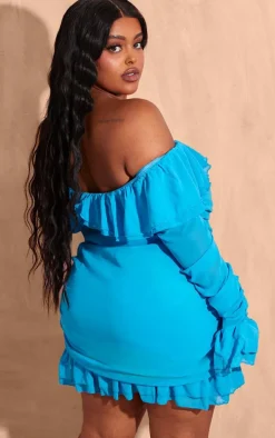 Plus Bright Blue Bardot Ruffle Detail Shift Dress