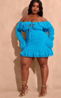 Plus Bright Blue Bardot Ruffle Detail Shift Dress