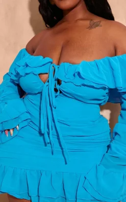 Plus Bright Blue Bardot Ruffle Detail Shift Dress