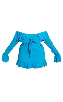 Plus Bright Blue Bardot Ruffle Detail Shift Dress
