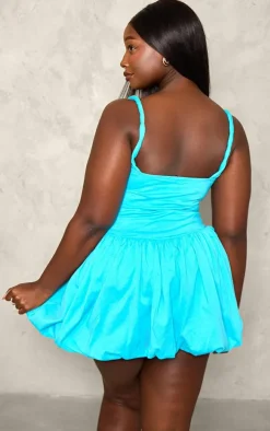 Plus Bright Blue Jersey Twist Strap Puff Ball Dress