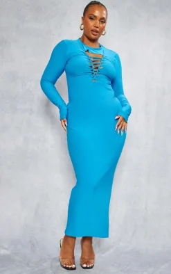 Plus Bright Blue Laser Cut Long Sleeve Maxi Dress