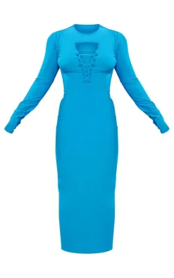 Plus Bright Blue Laser Cut Long Sleeve Maxi Dress