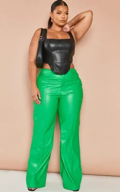 Plus Bright Green Faux Leather Seam Detail Wide Leg Pants
