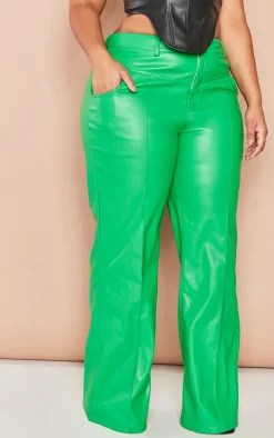 Plus Bright Green Faux Leather Seam Detail Wide Leg Pants