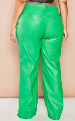 Plus Bright Green Faux Leather Seam Detail Wide Leg Pants