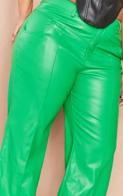 Plus Bright Green Faux Leather Seam Detail Wide Leg Pants