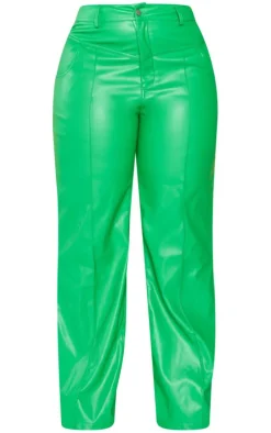 Plus Bright Green Faux Leather Seam Detail Wide Leg Pants
