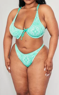 Plus Bright Green Floral High Leg Bikini Bottoms