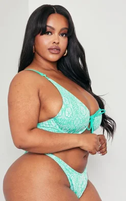 Plus Bright Green Floral High Leg Bikini Bottoms