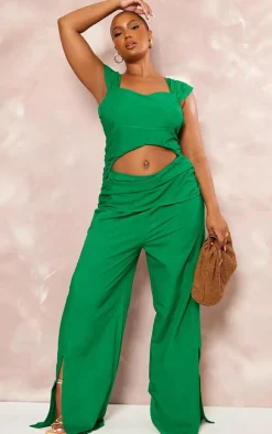 Plus Bright Green Linen Look Wrap Detail Wide Leg Jumpsuit