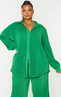 Plus Bright Green Plisse Button Front Oversized Shirt