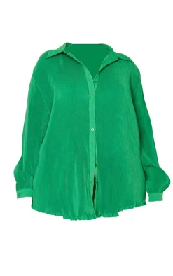 Plus Bright Green Plisse Button Front Oversized Shirt
