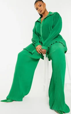Plus Bright Green Plisse High Waisted Wide Leg Pants
