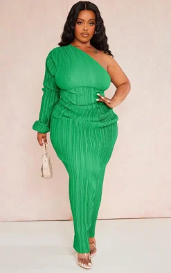 Plus Bright Green Plisse One Shoulder Ruched Midaxi Dress
