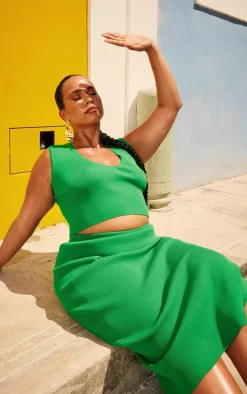 Plus Bright Green Rib Knitted Bodycon Split Skirt