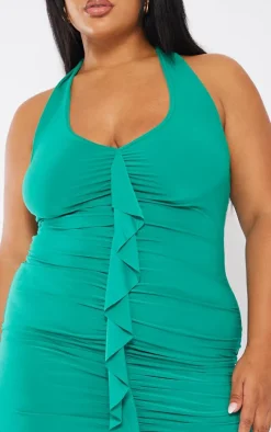 Plus Bright Green Ruffle Detail Halterneck Bodycon Dress