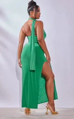 Plus Bright Green Slinky Choker Drape Detail Maxi Dress