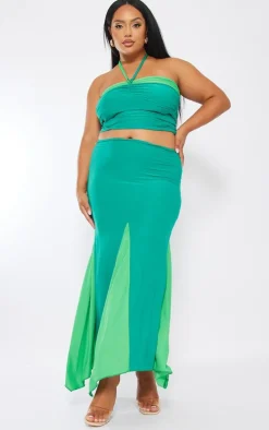 Plus Bright Green Slinky Contrast Maxi Skirt