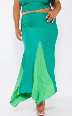 Plus Bright Green Slinky Contrast Maxi Skirt