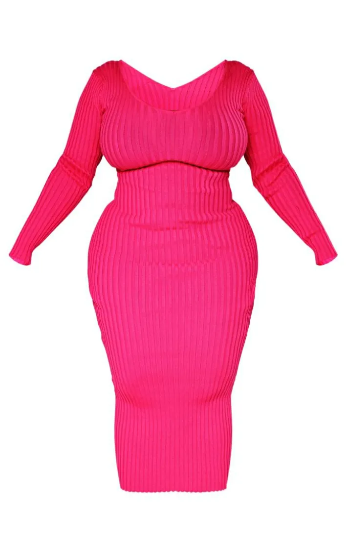 Plus Bright Pink Off Shoulder Rib Knitted Midaxi Dress