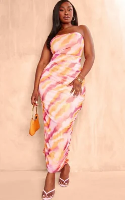 Plus Bright Pink Printed Mesh Bandeau Ruched Midaxi Dress