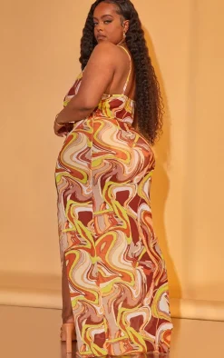 Plus Brown Abstract Print Mesh Maxi Dress