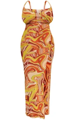 Plus Brown Abstract Print Mesh Maxi Dress