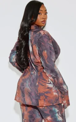 Plus Brown Abstract Print Chiffon Fitted Shirt