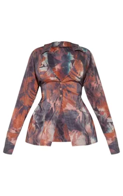 Plus Brown Abstract Print Chiffon Fitted Shirt
